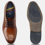 Men's Bugatti derby cognac leather shoes with a round toe and plain toe featuring a moulded heel , a tpr outsole , and laces fastening.