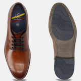 Men's Bugatti derby cognac leather shoes with a round toe and plain toe featuring a moulded heel , a tpr outsole , and laces fastening.