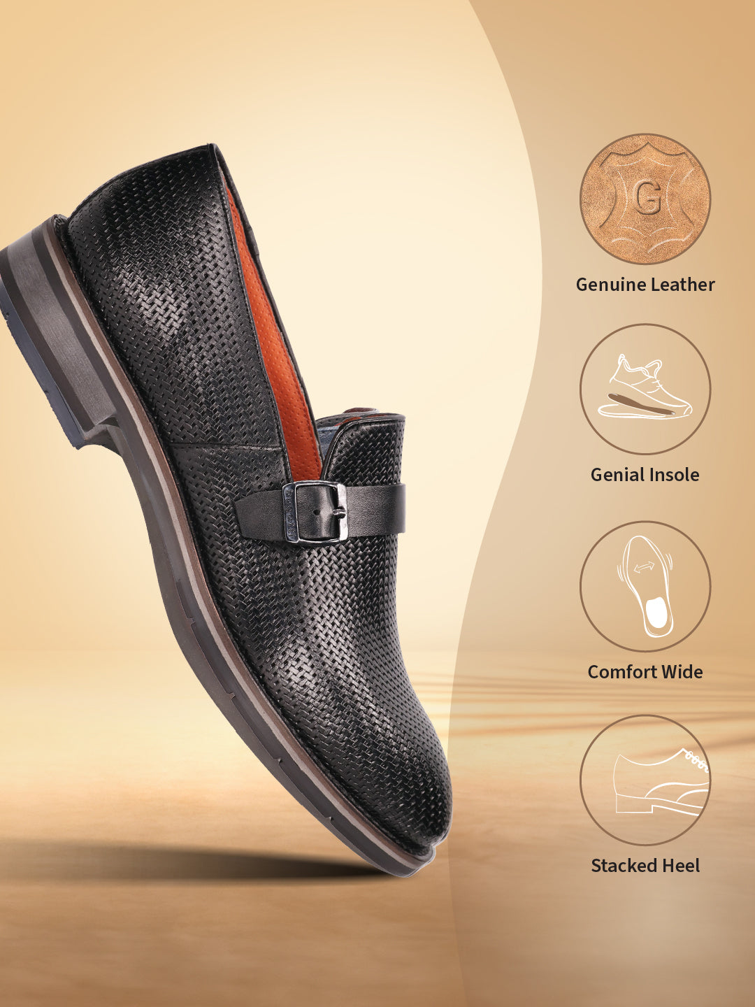 Black premium leather penny loafer by bugatti with a textured weave design and stacked heel.