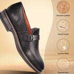 Black premium leather penny loafer by bugatti with a textured weave design and stacked heel.