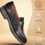 Black premium leather penny loafer by bugatti with a textured weave design and stacked heel.