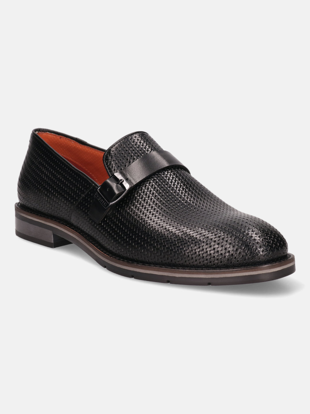 Black premium leather penny loafer by bugatti featuring a basket weave pattern.