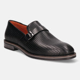 Black premium leather penny loafer by bugatti featuring a basket weave pattern.