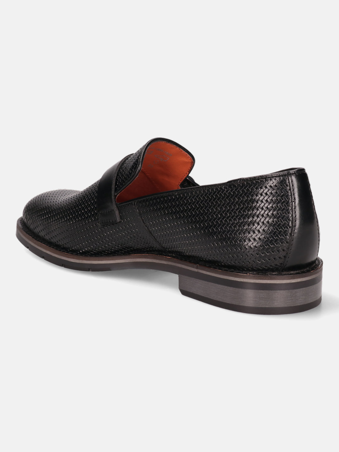 Black leather penny loafer by bugatti with a textured basketweave pattern and a stacked heel.