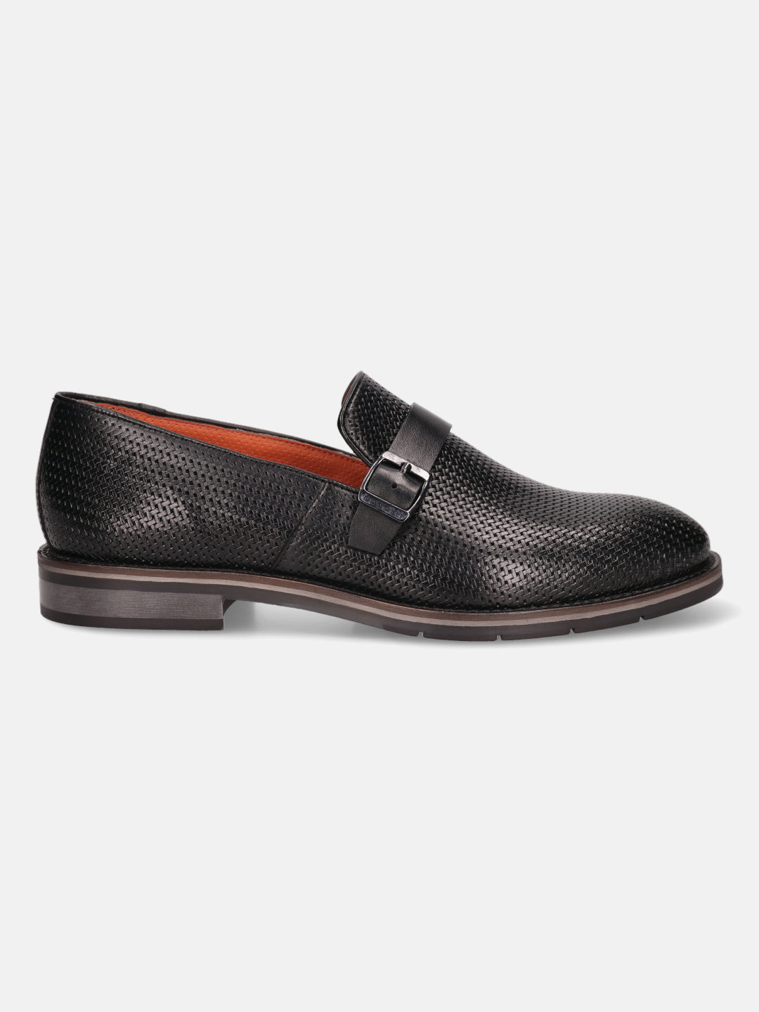 Black leather penny loafer by bugatti, featuring an all-over woven texture with a decorative buckle.
