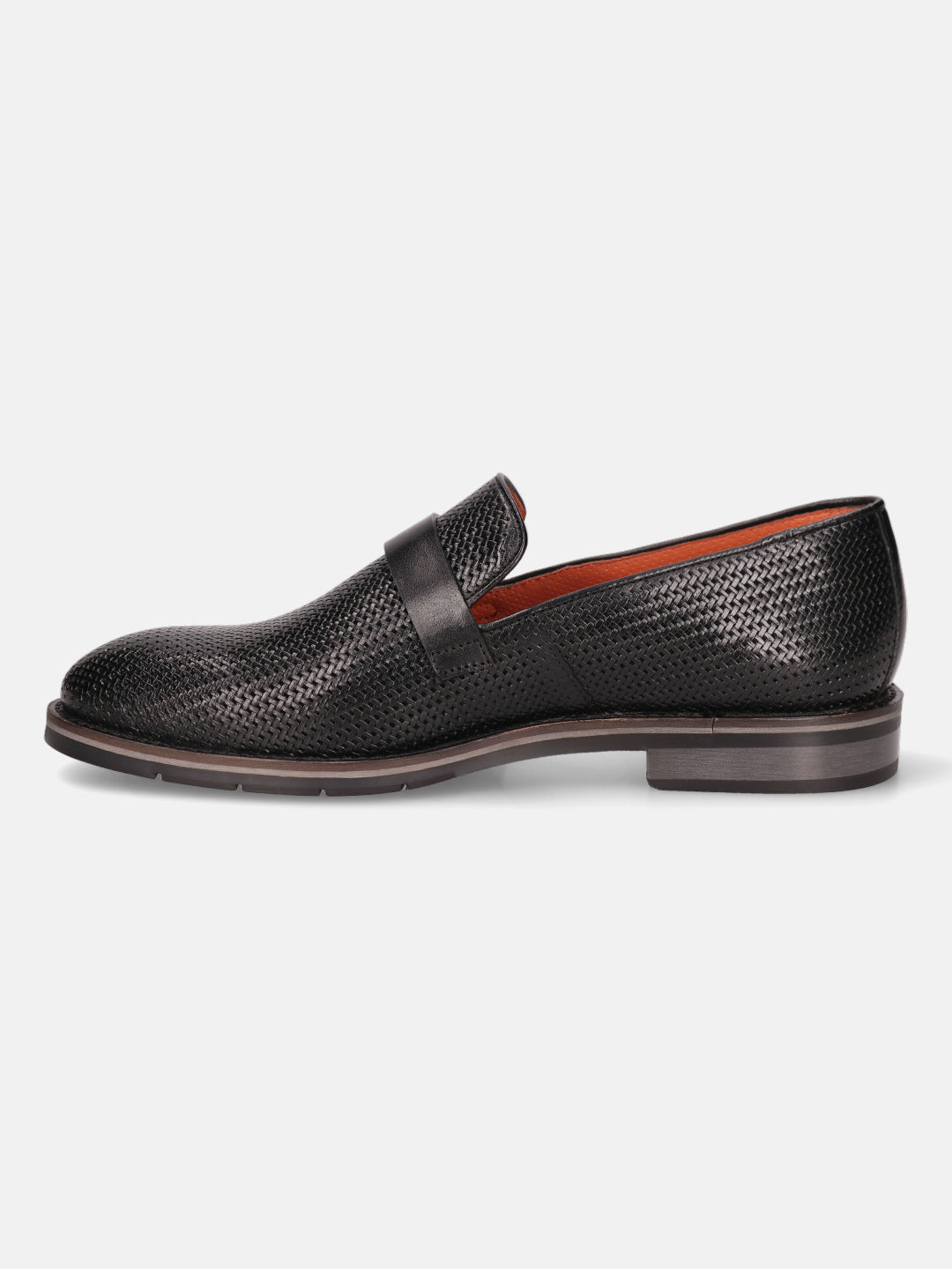Black premium leather penny loafer by bugatti featuring a woven texture and a comfortable design, shown in a side view.

