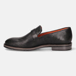 Black premium leather penny loafer by bugatti featuring a woven texture and a comfortable design, shown in a side view.
