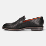 Black premium leather penny loafer by bugatti featuring a woven texture and a comfortable design, shown in a side view.
