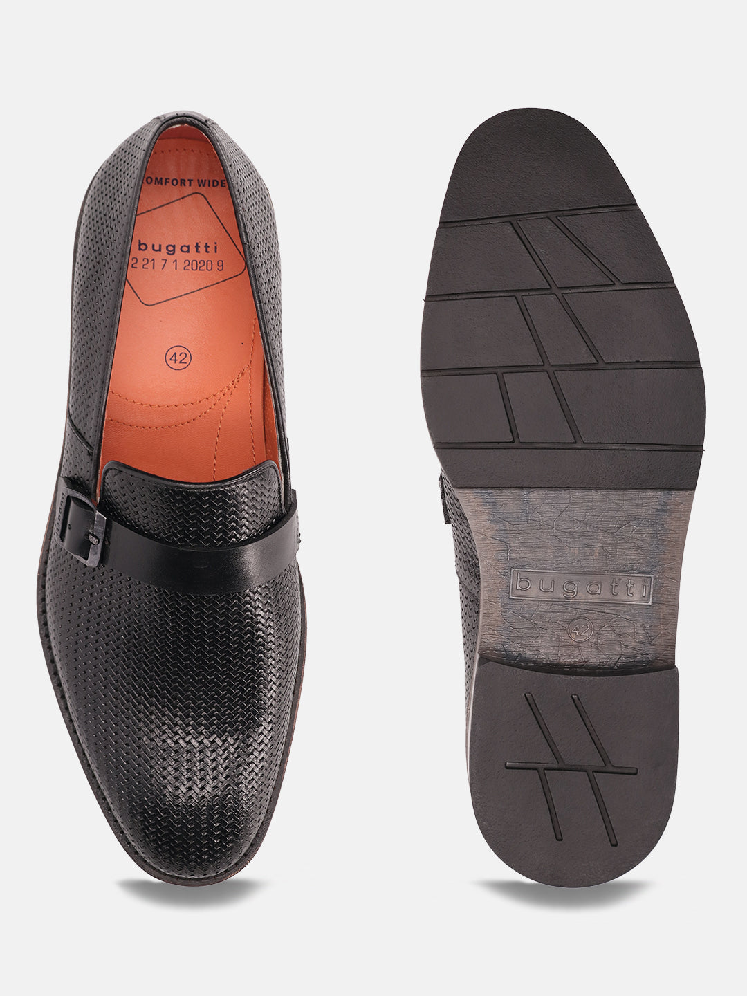 Black leather penny loafer by bugatti, with perforated upper and patterned rubber sole.