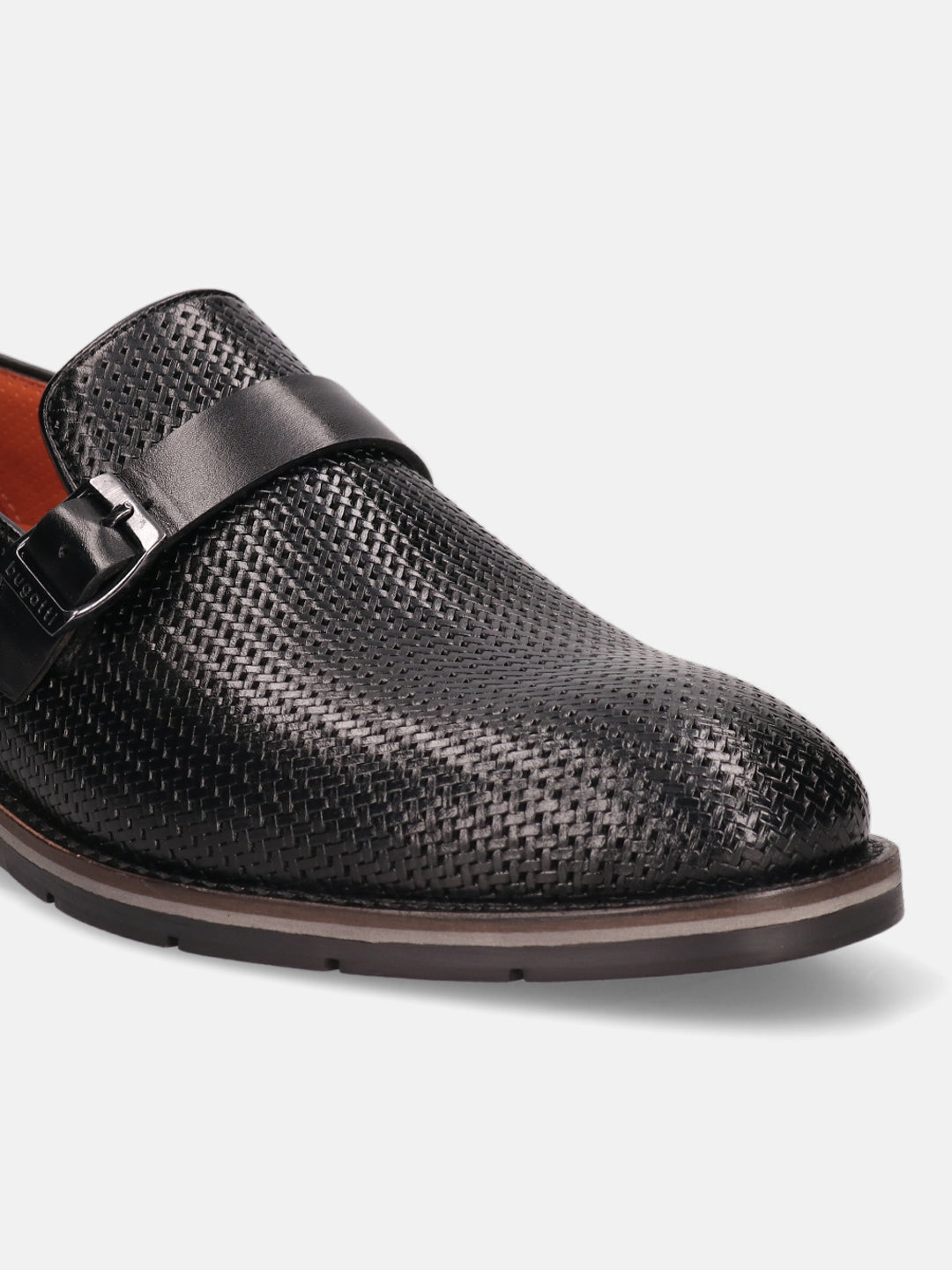 Black leather penny loafer by bugatti, featuring a woven texture and buckle detail.
