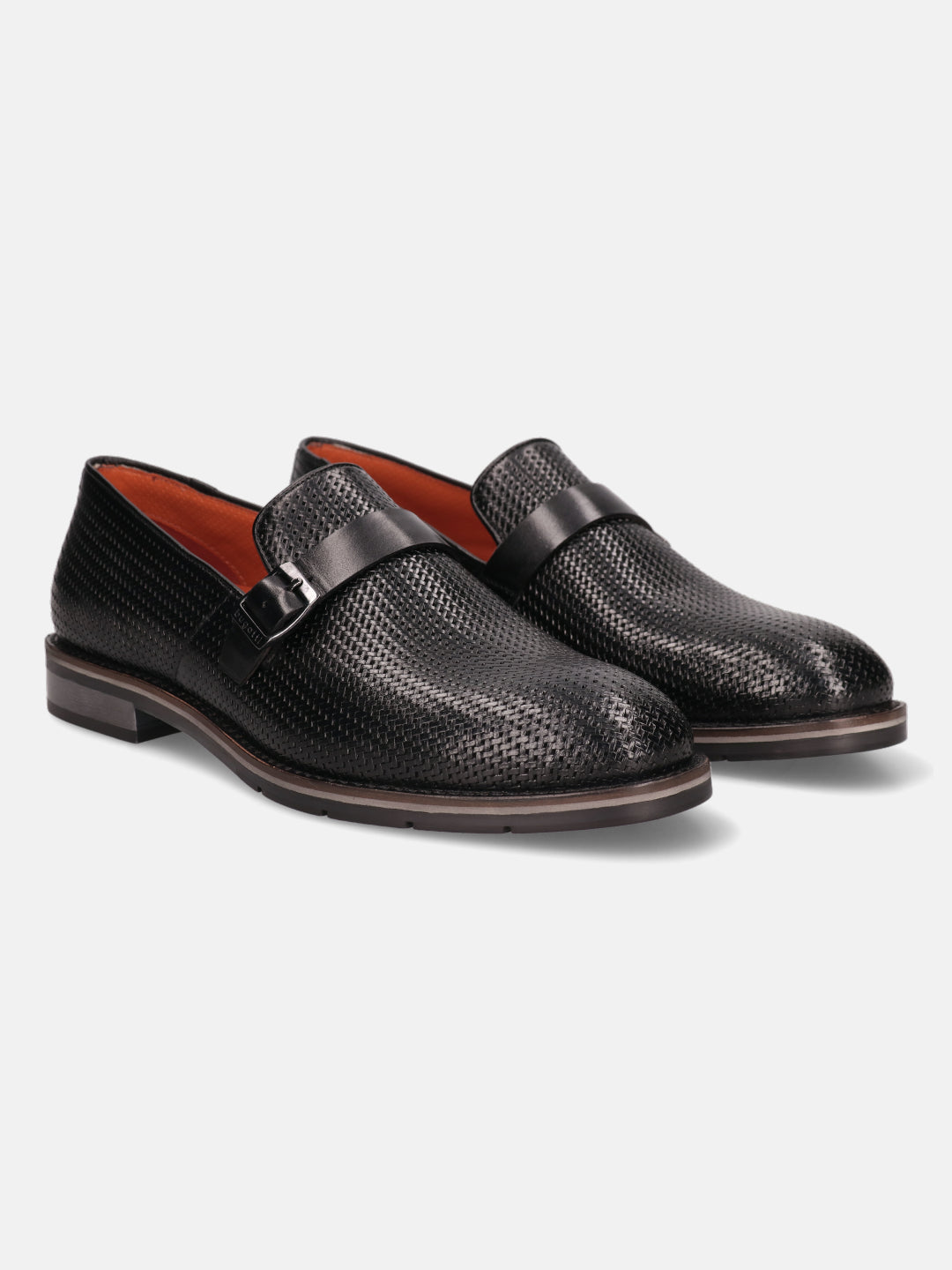 Black leather penny loafers by bugatti with a micro-perforated texture and an adjustable buckle.