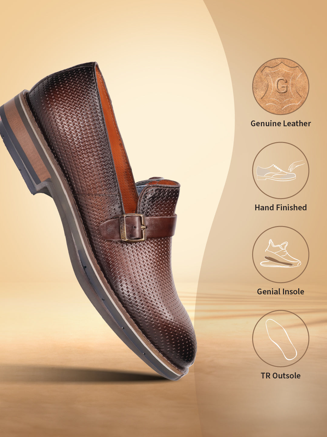 Brown leather penny loafer by bugatti with a woven texture and buckle strap detail.