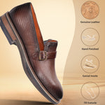 Brown leather penny loafer by bugatti with a woven texture and buckle strap detail.