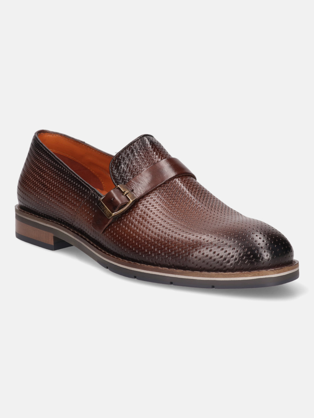 Brown leather penny loafer by bugatti with a perforated pattern and brown strap detail.
