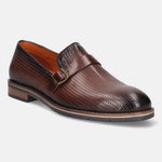 Brown leather penny loafer by bugatti with a perforated pattern and brown strap detail.