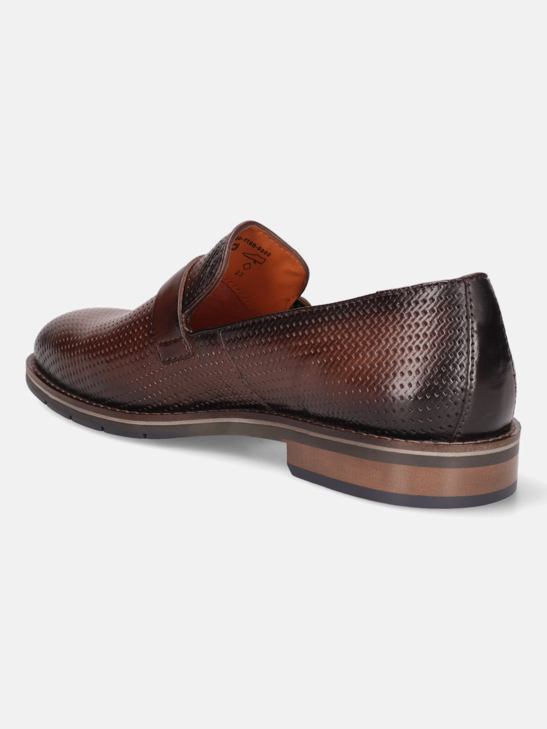 Brown premium leather penny loafer by bugatti, featuring a textured surface and layered sole.