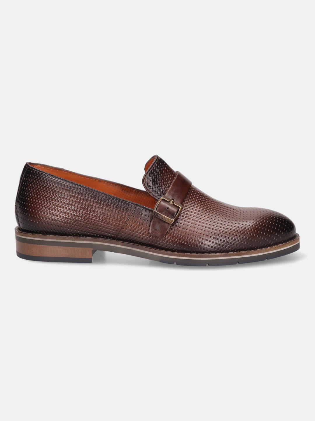 Brown premium leather penny loafer by bugatti, with a subtle textured pattern and a buckle detail.