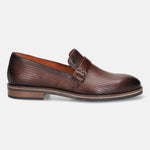Brown premium leather penny loafer by bugatti, with a subtle textured pattern and a buckle detail.