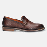 Brown premium leather penny loafer by bugatti, with a subtle textured pattern and a buckle detail.