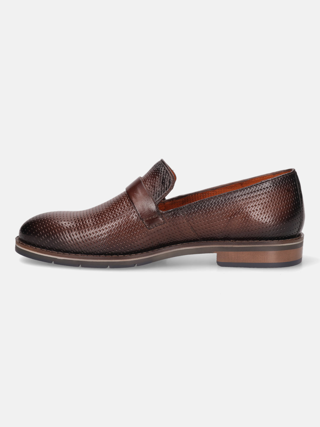 Brown leather penny loafer by bugatti, featuring a subtle textured pattern.