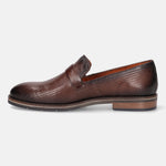 Brown leather penny loafer by bugatti, featuring a subtle textured pattern.