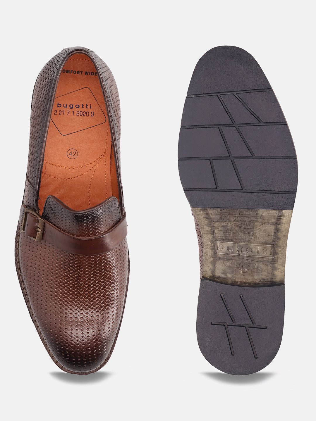 Brown leather penny loafers by bugatti, with perforated texture, decorated with a dark brown strap and buckle.
