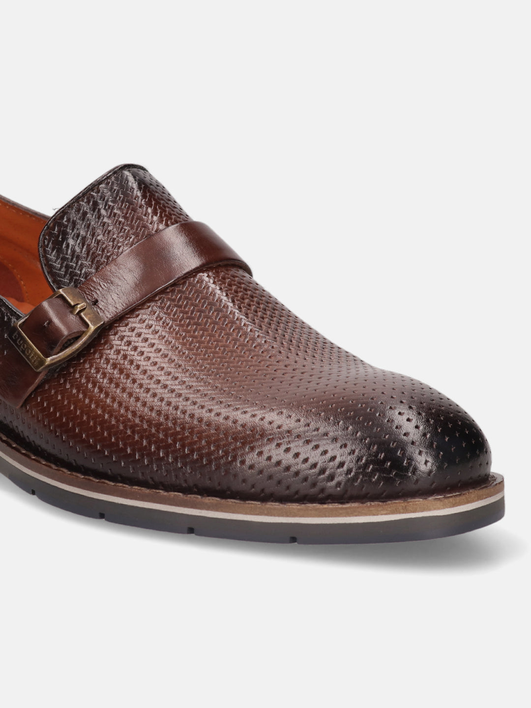 Brown premium leather penny loafer by bugatti, with perforated pattern and buckle detail.