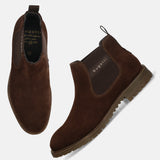 A brown Men's bugatti Chelsea Boots featuring a round toe plain toe, moulded  heel, and a wide fit. Made from premium genuine leather with a durable tr outsole, this elastic design offers both style and comfort.