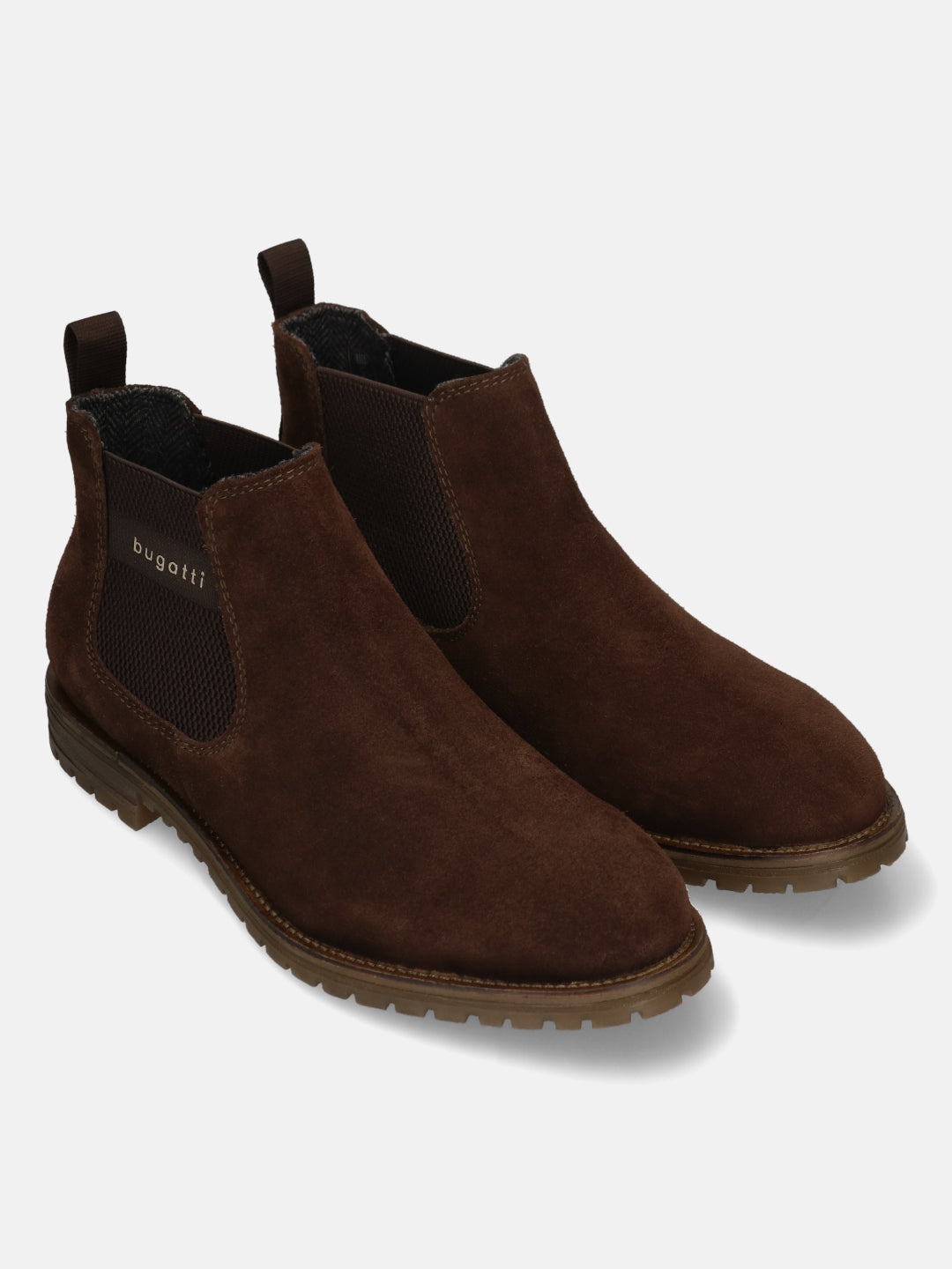 A brown Men's bugatti Chelsea Boots featuring a round toe plain toe, moulded  heel, and a wide fit. Made from premium genuine leather with a durable tr outsole, this elastic design offers both style and comfort.