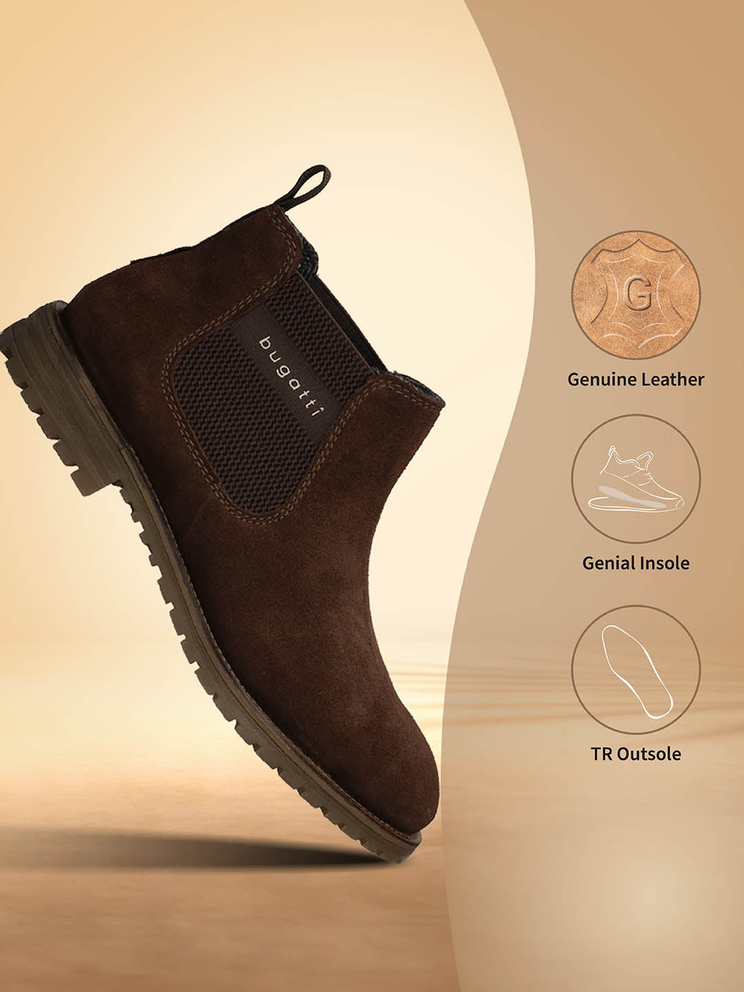 A brown Men's bugatti Chelsea Boots featuring a round toe plain toe, moulded  heel, and a wide fit. Made from premium genuine leather with a durable tr outsole, this elastic design offers both style and comfort.