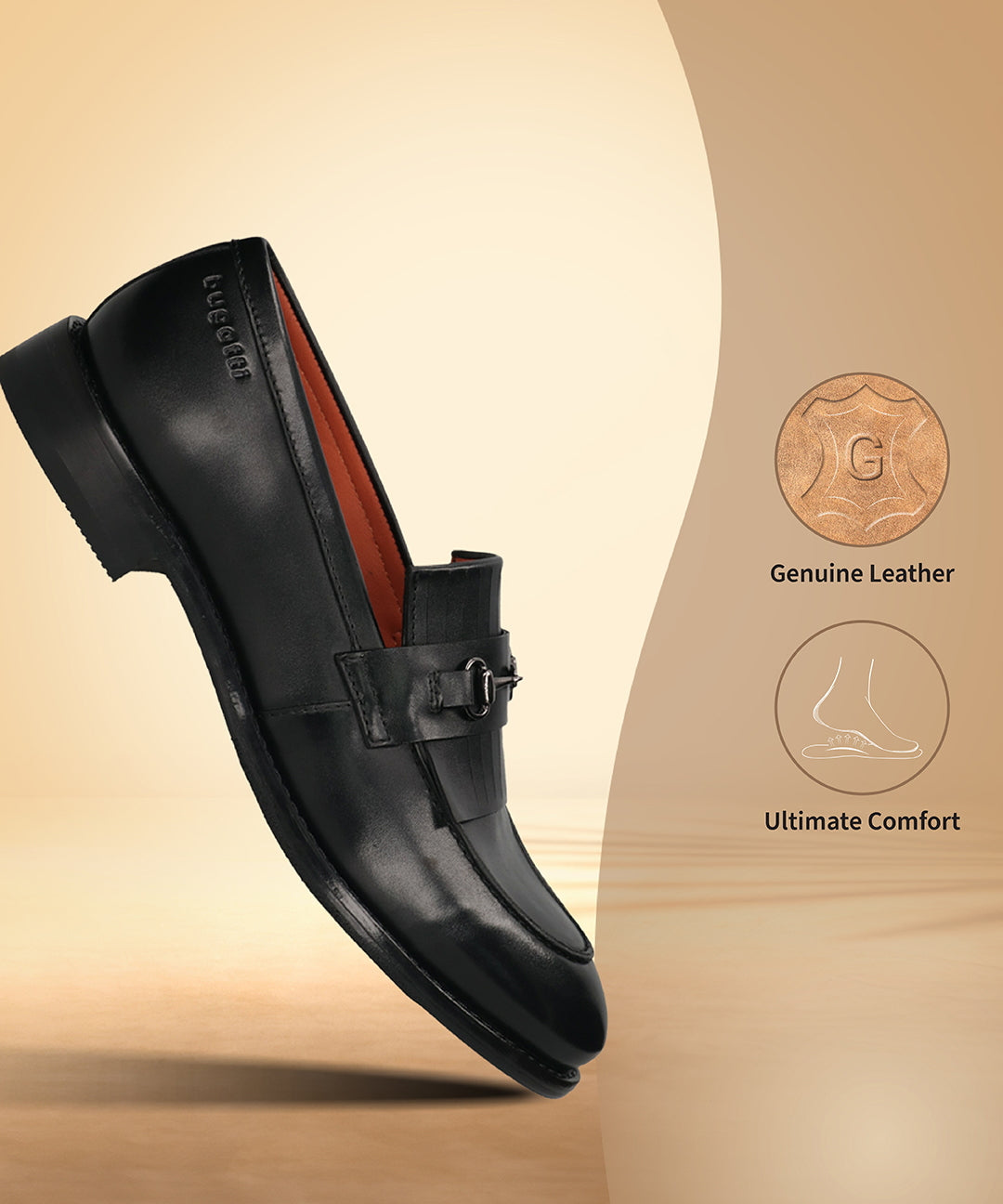 Men's Bugatti kiltie loafer black leather shoes with a round toe and apron toe featuring a stacked heel , a leather outsole.