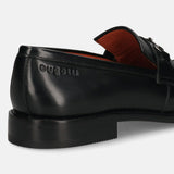 Men's Bugatti kiltie loafer black leather shoes with a round toe and apron toe featuring a stacked heel , a leather outsole.