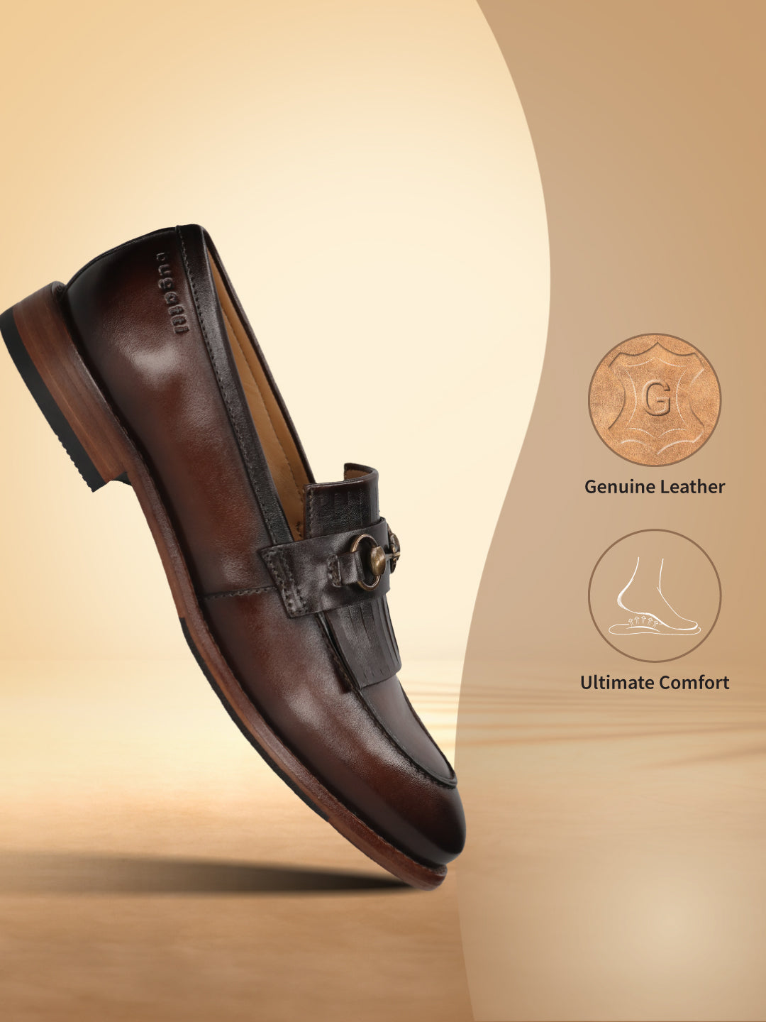 Bugatti Liverta premium leather slip-on shoe in dark brown, shown at an angle, featuring a decorative buckle.