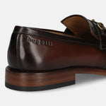 Men's Bugatti kiltie loafer brown leather shoes with a round toe and apron toe featuring a stacked heel , a leather outsole.