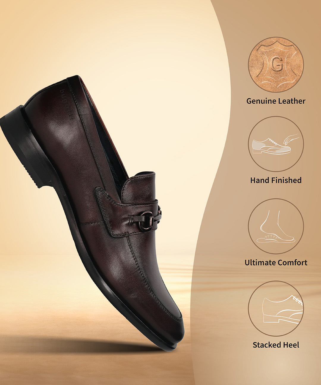Brown leather slip-on shoe by Bugatti with a metal accent piece and stacked heel.
