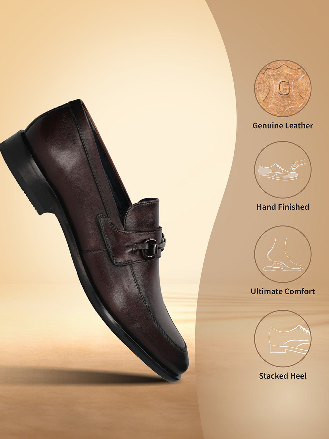 Brown leather slip-on shoe by Bugatti with a metal accent piece and stacked heel.