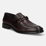 A grey Men's bugatti Bit Loafer featuring a round toe apron toe, stacked heel. Made from premium genuine leather with a durable leather outsole, this slip-on design offers both style and comfort.