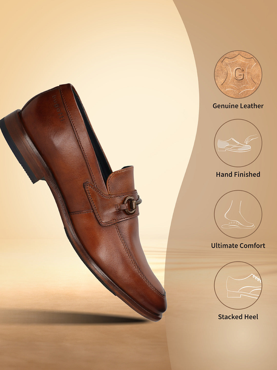 A cognac Men's bugatti Bit Loafer featuring a round toe apron toe, stacked heel. Made from premium genuine leather with a durable leather outsole, this slip-on design offers both style and comfort.