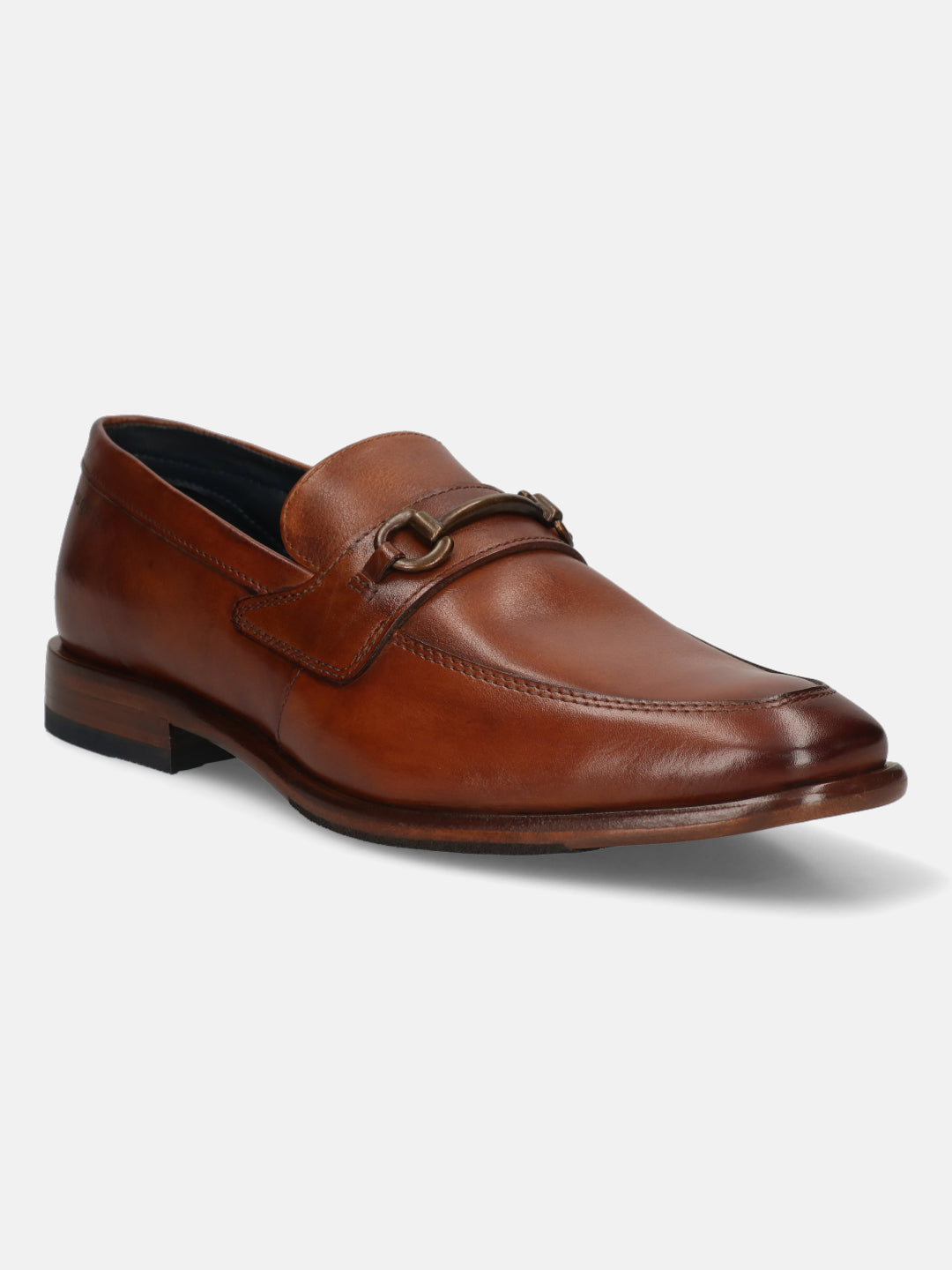A cognac Men's bugatti Bit Loafer featuring a round toe apron toe, stacked heel. Made from premium genuine leather with a durable leather outsole, this slip-on design offers both style and comfort.