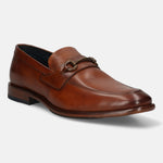 A cognac Men's bugatti Bit Loafer featuring a round toe apron toe, stacked heel. Made from premium genuine leather with a durable leather outsole, this slip-on design offers both style and comfort.