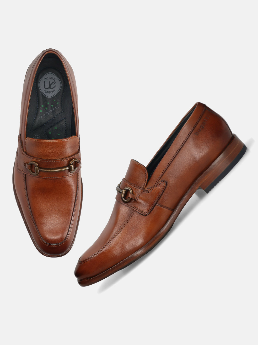 A cognac Men's bugatti Bit Loafer featuring a round toe apron toe, stacked heel. Made from premium genuine leather with a durable leather outsole, this slip-on design offers both style and comfort.