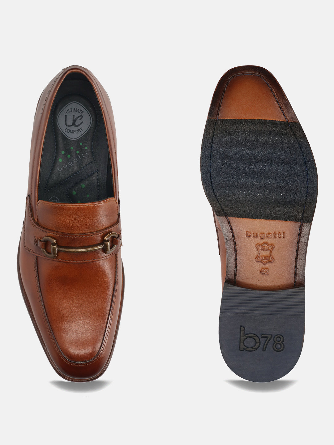 A cognac Men's bugatti Bit Loafer featuring a round toe apron toe, stacked heel. Made from premium genuine leather with a durable leather outsole, this slip-on design offers both style and comfort.