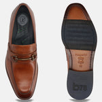 A cognac Men's bugatti Bit Loafer featuring a round toe apron toe, stacked heel. Made from premium genuine leather with a durable leather outsole, this slip-on design offers both style and comfort.