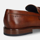 A cognac Men's bugatti Bit Loafer featuring a round toe apron toe, stacked heel. Made from premium genuine leather with a durable leather outsole, this slip-on design offers both style and comfort.