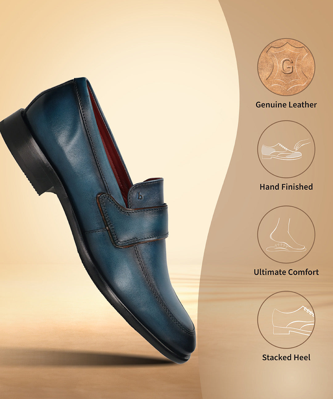 Dark blue leather slip-on shoe by bugatti, shown at an angle with a black stacked heel.