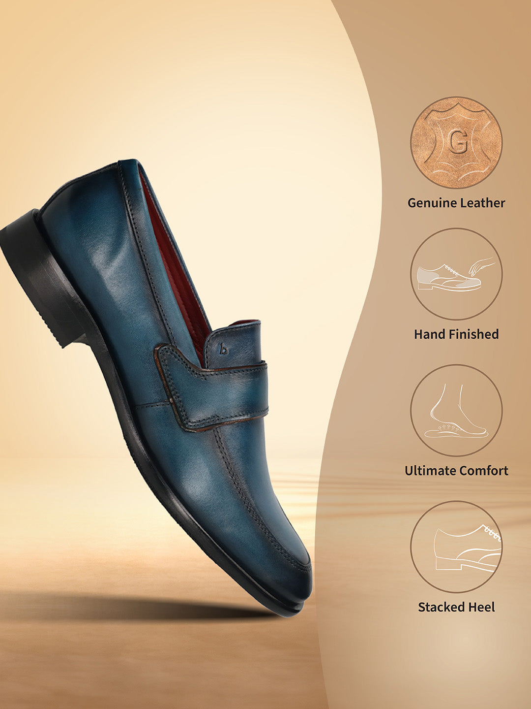 Dark blue leather slip-on shoe by bugatti, shown at an angle with a black stacked heel.