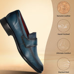 Dark blue leather slip-on shoe by bugatti, shown at an angle with a black stacked heel.