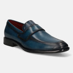 Dark blue leather slip-on dress shoe by bugatti, featuring a cap toe and cushioned insole for added comfort.