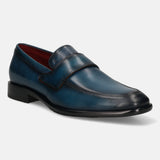 Dark blue leather slip-on dress shoe by bugatti, featuring a cap toe and cushioned insole for added comfort.