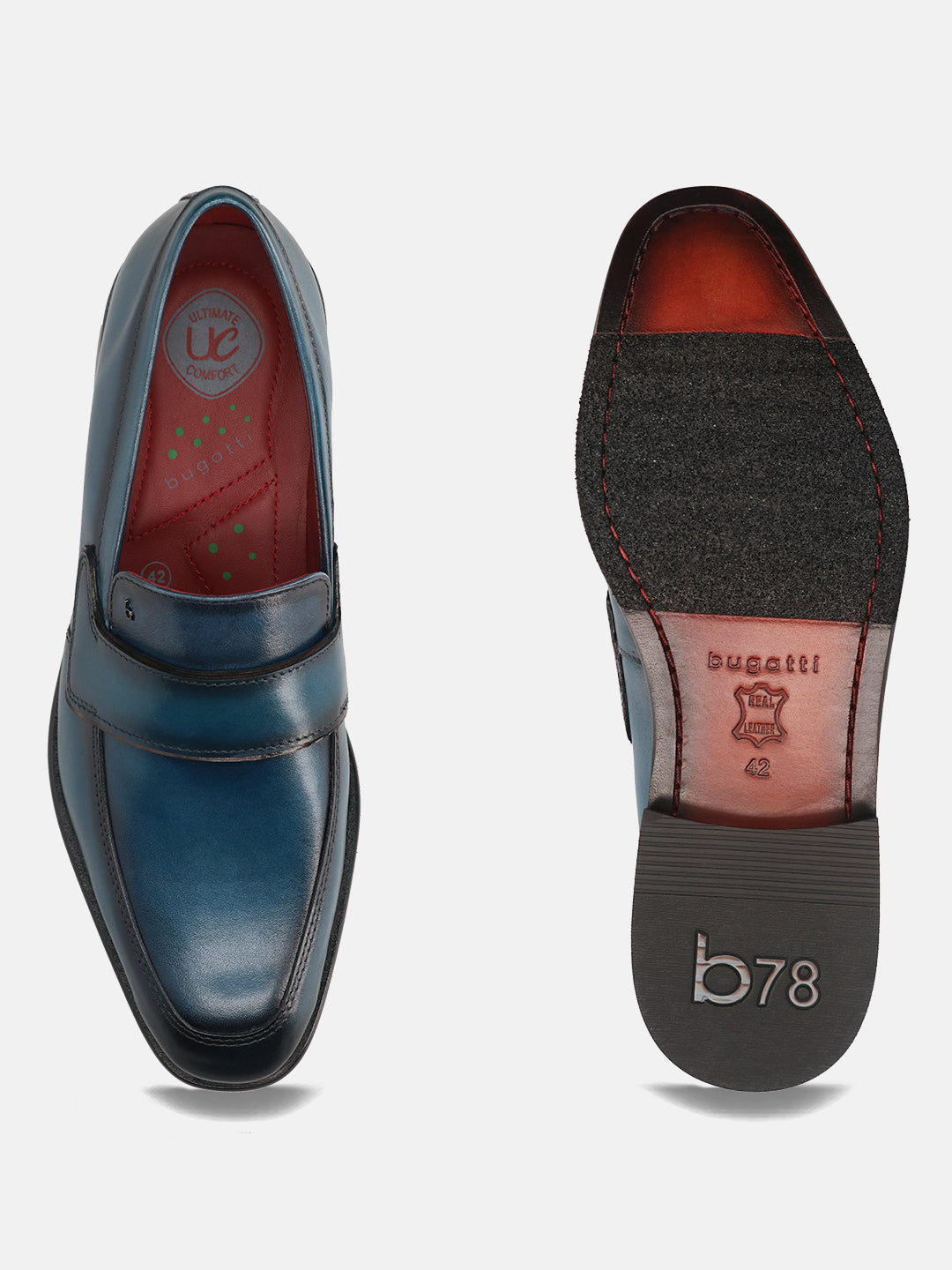 Dark blue leather slip-on shoe by bugatti, showing the top view and the sole of the shoe.
